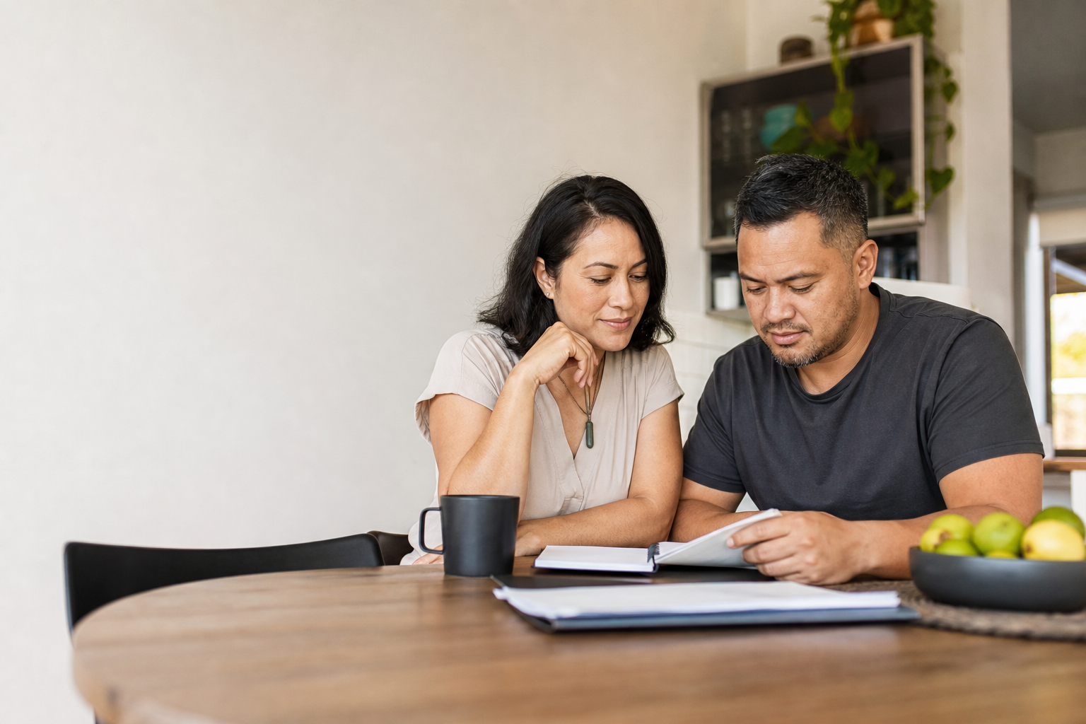 Illustrative home-loan review conversation at home / 房贷复盘沟通示意图